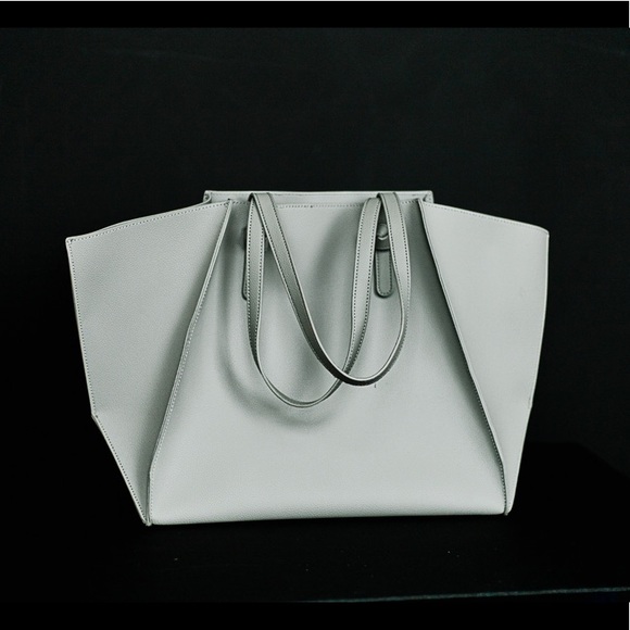 Mud Pie Gray Vegan Leather Tote Bag Size: 13 1/2" x 12 1/2" x 7" - Picture 2 of 4